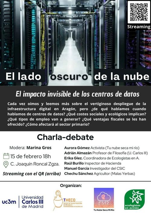 El lado oscuro de la nube 
El impacto invisible de los centros de datos
¿ De qué hablamos cuando hablamos de #centrosdedatos?
¿Qué costes ecológicos y sociales implican? 
¿Qué tipos de empleos van a generar?
¿Qué ventajas fiscales se les han ofrecido?
¿Cómo afectará al sector primario? 