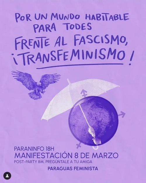 Manifestación 8M - Paraguas Feminista 
Cartel de la manifestación del 8 de marzo del Paraguas Feminista. Muestra un planeta protegido por un paraguas frente al ataque de un aguilucho.