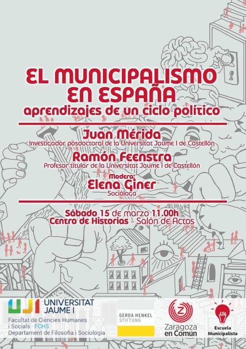 Cartel de la jornada "El municipalismo en España: aprendizajes de un ciclo político" con Juan Mérida, Ramón Feenstra y Elena Giner.