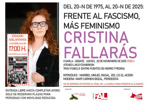 Charla–debate Cristina Fallarás: “Del 20-N de 1975 al 20-N de 2025. Frente al fascismo, más feminismo”